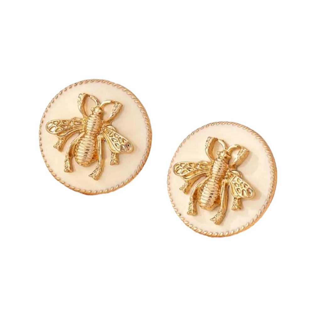 Cream Vintage Style Gold Bee Stud Earrings